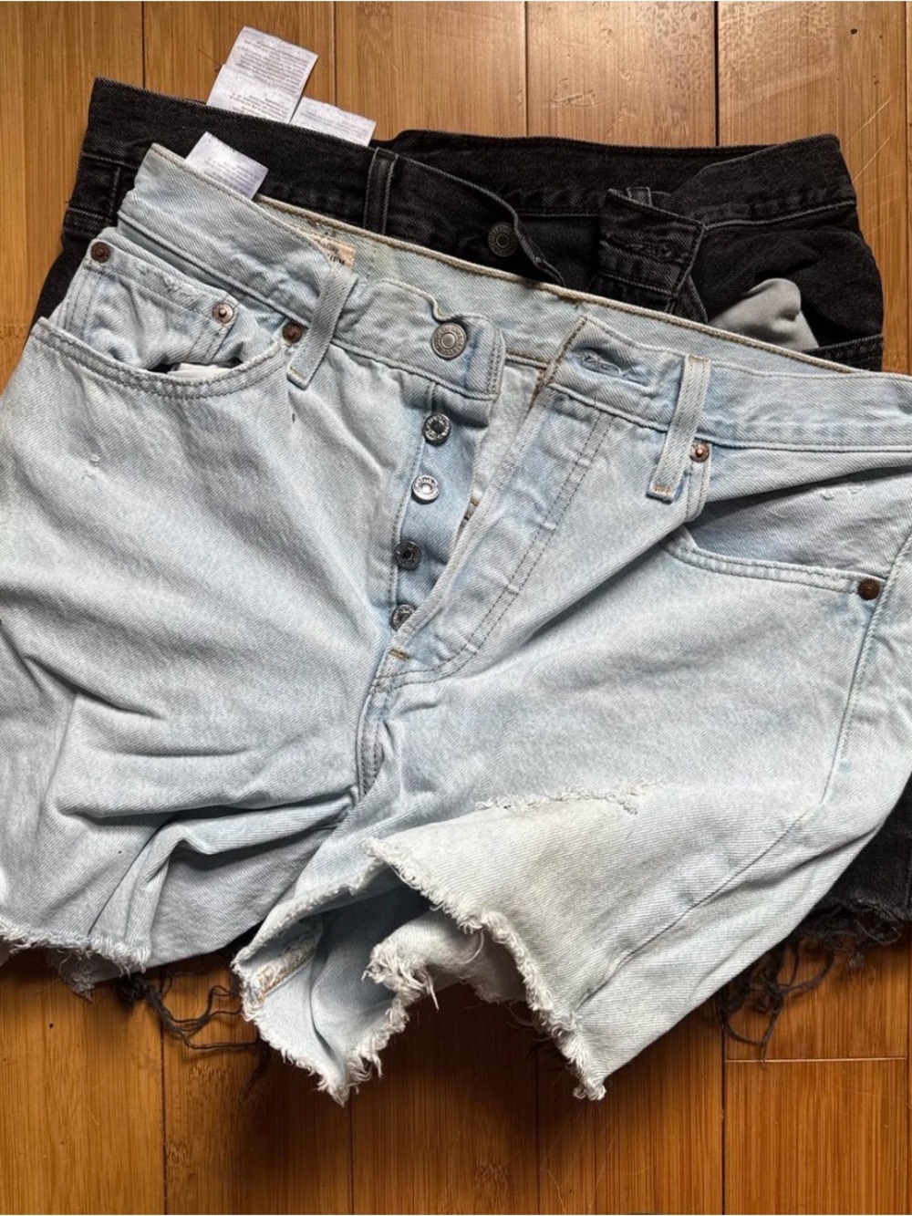 Levi's Light Blue and Black Denim Cutoff Shorts - Button Fly